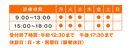 9:00～13:00 15:00～18:00 休診日：日・木・祝祭日（振替休日）